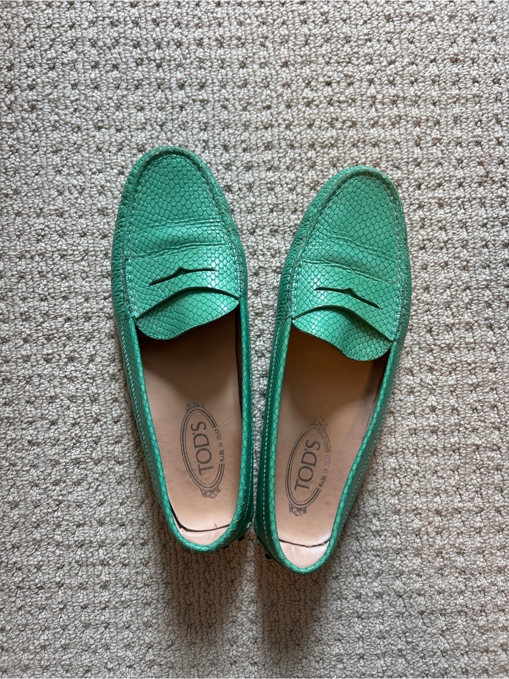 Size 42 Tod's Green Python Embossed Leather Penny Loafers